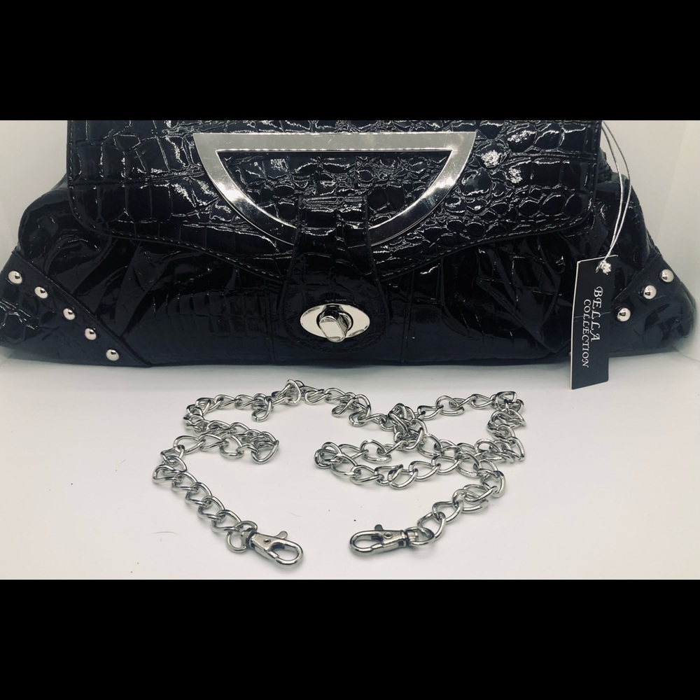 Patent leather clutch with chain link strap